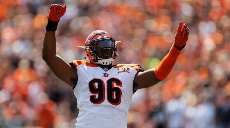 CINCINNATI, OH - SEPTEMBER 10: Carlos Dunlap #96 of the Cincinnati Bengals attempts to get the crowd to cheer during the first quarter of the game against the Baltimore Ravens at Paul Brown Stadium on September 10, 2017 in Cincinnati, Ohio. (Photo by Michael Reaves/Getty Images)