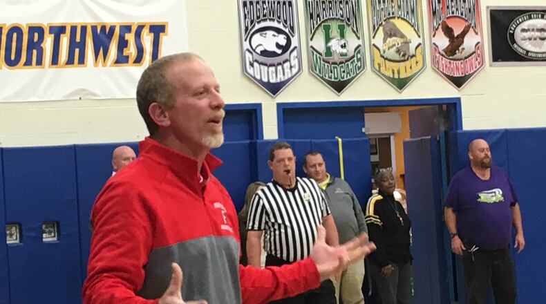 Fairfield coach Jeff Sims questions a call during a 58-44 loss at Northwest earlier this season. The Indians lost to Mason on Friday night. RICK CASSANO/STAFF