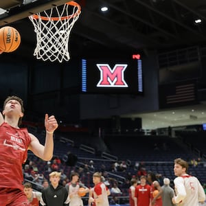 Miami junior forward Jackson Kotecki shoots during a practice at University of Dayton Arena on Tuesday, March 17. The Redhawks are scheduled to play Southern Methodist University in an NCAA First Four game on Wednesday. BRYANT BILLING / STAFF
