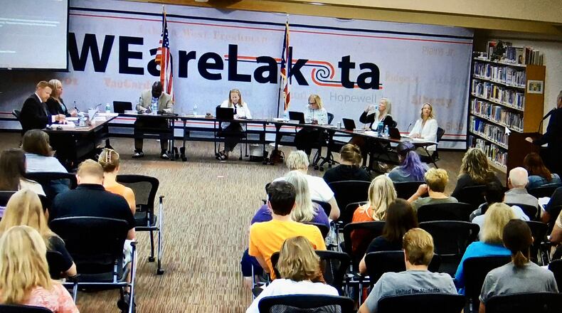 Lakota Board of Education meeting Monday evening saw the members hear more than a dozen critics of any consideration the board might take of using the recent state law allowing arming of teachers and other trained staffers. The school board took no action regarding the topic but held extensive discussions around the issue. (Photo By Michael D. Clark\Journal-News)