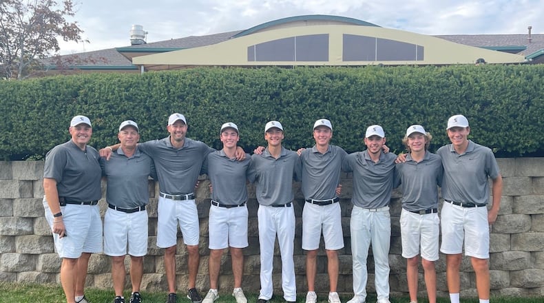 The Lakota East boys golf team will play in the Division I state tournament for the sixth straight season and seventh time overall this weekend. Pictured from left:
Assistant coach Joe Wilson, Head Coach Jeff Combs, Assistant coach Kyle Vanderhorst, Cameron Uhl, Tyler Sylla, Jacob Curry, Joe Wilson IV, Walker Wood, Bobby Horseman. CONTRIBUTED