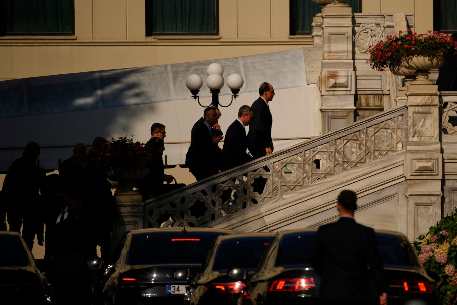 Turkish National Intelligence Director Ibrahim Kalin, right, arrives to Ciragan palace ahead of expected talks between Russian and Ukrainian delegations, in Istanbul, Turkey, Wednesday, July 23, 2025. (AP Photo/Emrah Gurel)