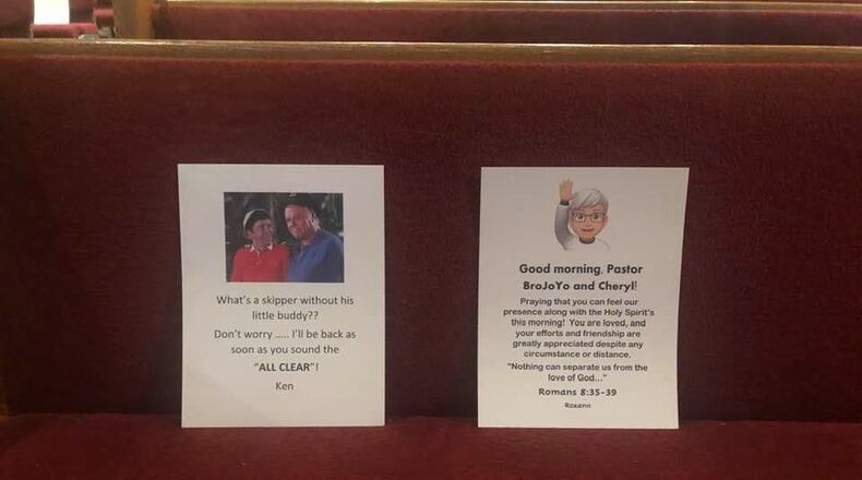 Members of Trenton GracePointe Nazarene Church wrote notes that were placed March 29 on their pews. The church started live-streaming its services two weeks ago because of the coronavirus. SUBMITTED PHOTO