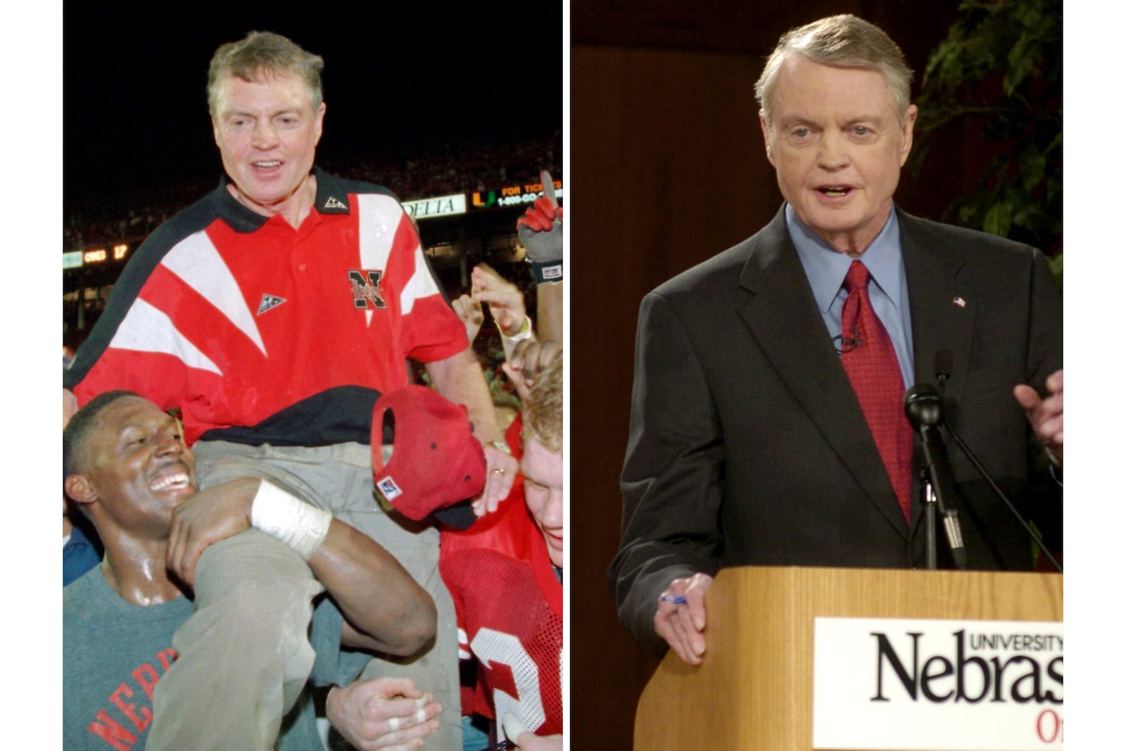 At left, Nebraska players carry coach Tom Osborne off the field after the Huskers defeated Miami 24-17 in the Orange Bowl in Miami, Jan. 1, 1995, and at right, Osborne speaks during a Republican gubernatorial debate March 19, 2006, in Omaha, Neb. (AP Photo/File)