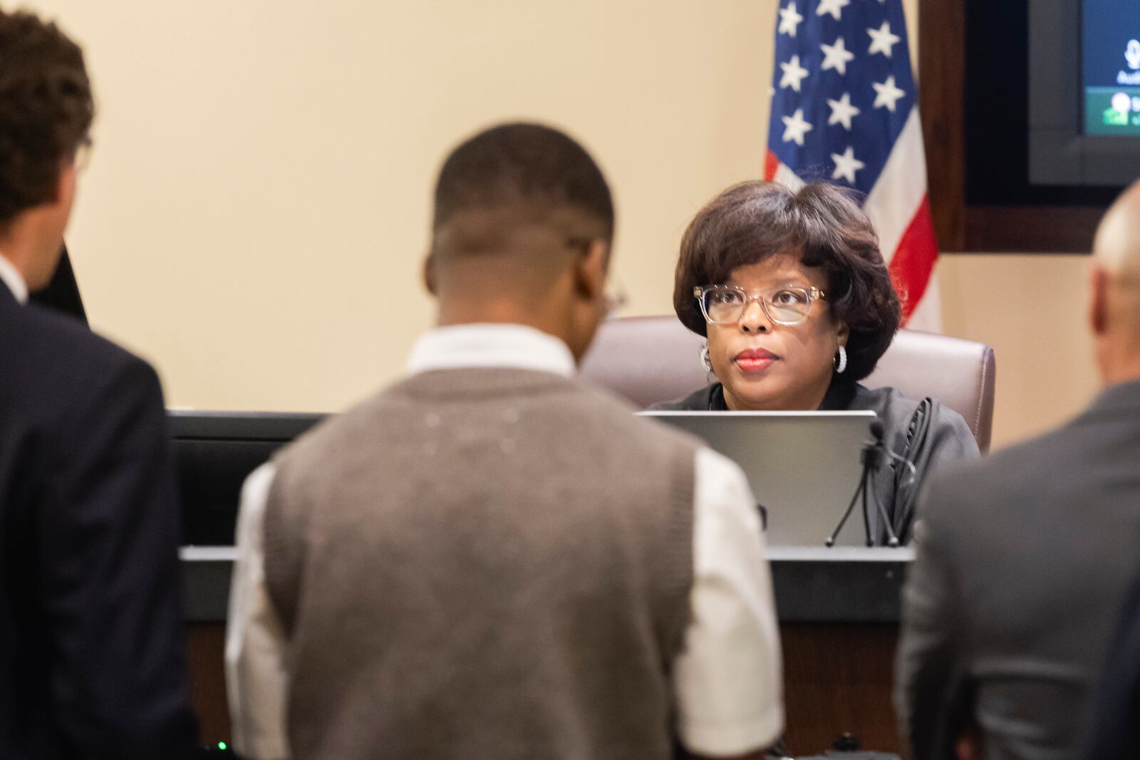 Judge Stephanie Boyd confers with council and defendant Taymor McIntyre regarding jurors' questions on the second day of jury deliberations in San Antonio, as seen on Monday, April 14, 2025. (Josie Norris/The San Antonio Express-News via AP)
