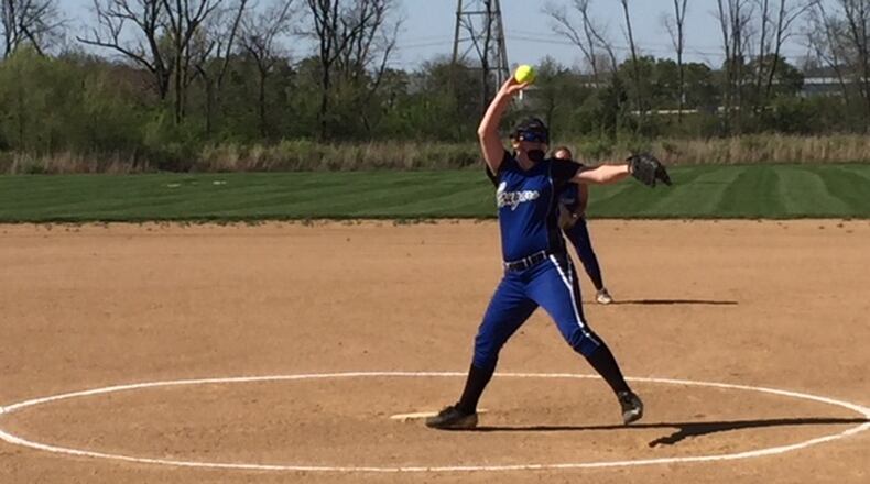Cincinnati Christian freshman pitcher Briahna Bush winds up for a pitch during Tuesday’s doubleheader sweep of visiting Lockland. PHOTO COURTESY OF CINCINNATI CHRISTIAN ATHLETICS