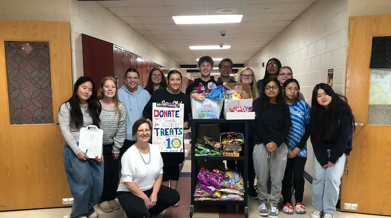 Monroe Interact Club members collected 650 pounds of candy in fall 2025 to send to troops overseas as part of the Yellow Ribbon Support Center. CONTRIBUTED