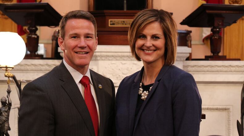 Pictured is Kathy Wyenandt with Ohio Secretary of State Jon Husted after being sworn in on Feb. 26, 2016, as a Butler County Board of Elections member. Wyenandt is resigning that seat on Monday, Dec. 18. CONTRIBUTED