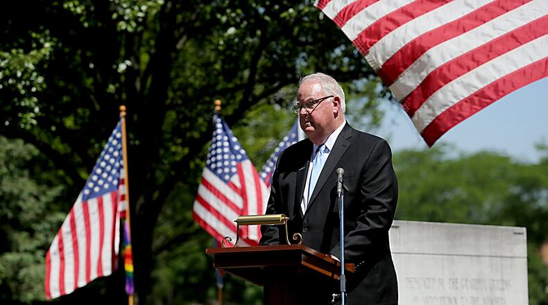 This year will be the first Memorial Day observance in years without an appearance from Middletown Municipal Court Judge Mark Wall. He died on Feb. 11. Pictured is Wall, a Vietnam veteran, delivering the keynote address at last year’s Memorial Day event. FILE PHOTO