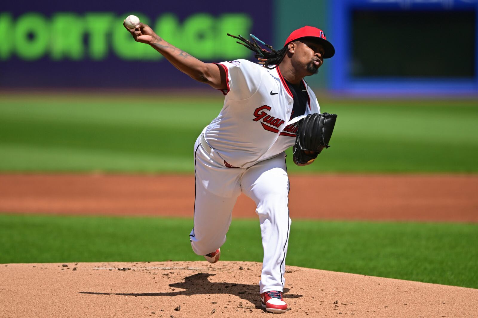 Cleveland Guardians starting pitcher Luis Ortiz delivers during the first inning of a baseball game against the New York Yankees Wednesday, April 23, 2025, in Cleveland. (AP Photo/David Dermer)