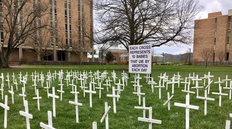 Another anti-abortion display of crucifixes was destroyed on a Miami University campus last month. It’s the second vandalism incident this year. The latest vandalism occurred on Miami’s main Oxford campus. Earlier this year a student was captured on video destroying an anti-abortion display (shown above) at the Miami University Hamilton campus.