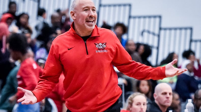 Lakota West coach Andy Fishman reacts during Wednesday night’s 61-50 road victory over Princeton in Sharonville. It was the 400th win of Fishman’s coaching career. NICK GRAHAM/STAFF