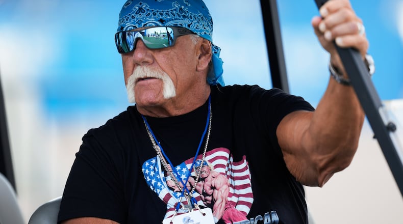 Former professional wrestler Hulk Hogan watches during a Detroit Lions NFL football practice in Allen Park, Mich., Thursday, July 25, 2024. (AP Photo/Paul Sancya)