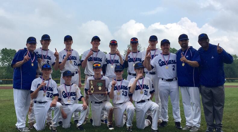 The Cincinnati Christian Cougars pose for a team photo after rallying to beat Franklin Monroe 7-6 in a Division IV district championship game Saturday at Springboro. CONTRIBUTED PHOTO