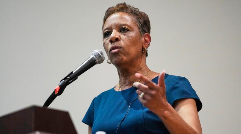 FILE - Speaker of the New York City Council Adrienne Adams speaks during the New York City Mayoral Candidates Forum at Medgar Evers College, April 23, 2025, in New York. (AP Photo/Frank Franklin II, File)