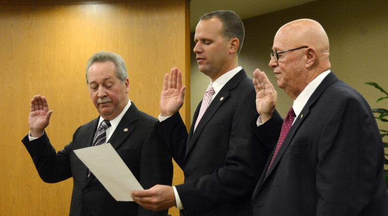Fairfield City Council members Bill Woeste, Chad Oberson and Ron D’Epfianio took the oath of office Thursday evening. Each won election to the three open at-large city council seats in the November 2017 general election. The election was close for the second and third at-large seats as it ended in an automatic recount. Oberson, Woeste and former councilman Terry Senger were within a half percent in total votes after the official run of the election. MICHAEL D. PITMAN/STAFF