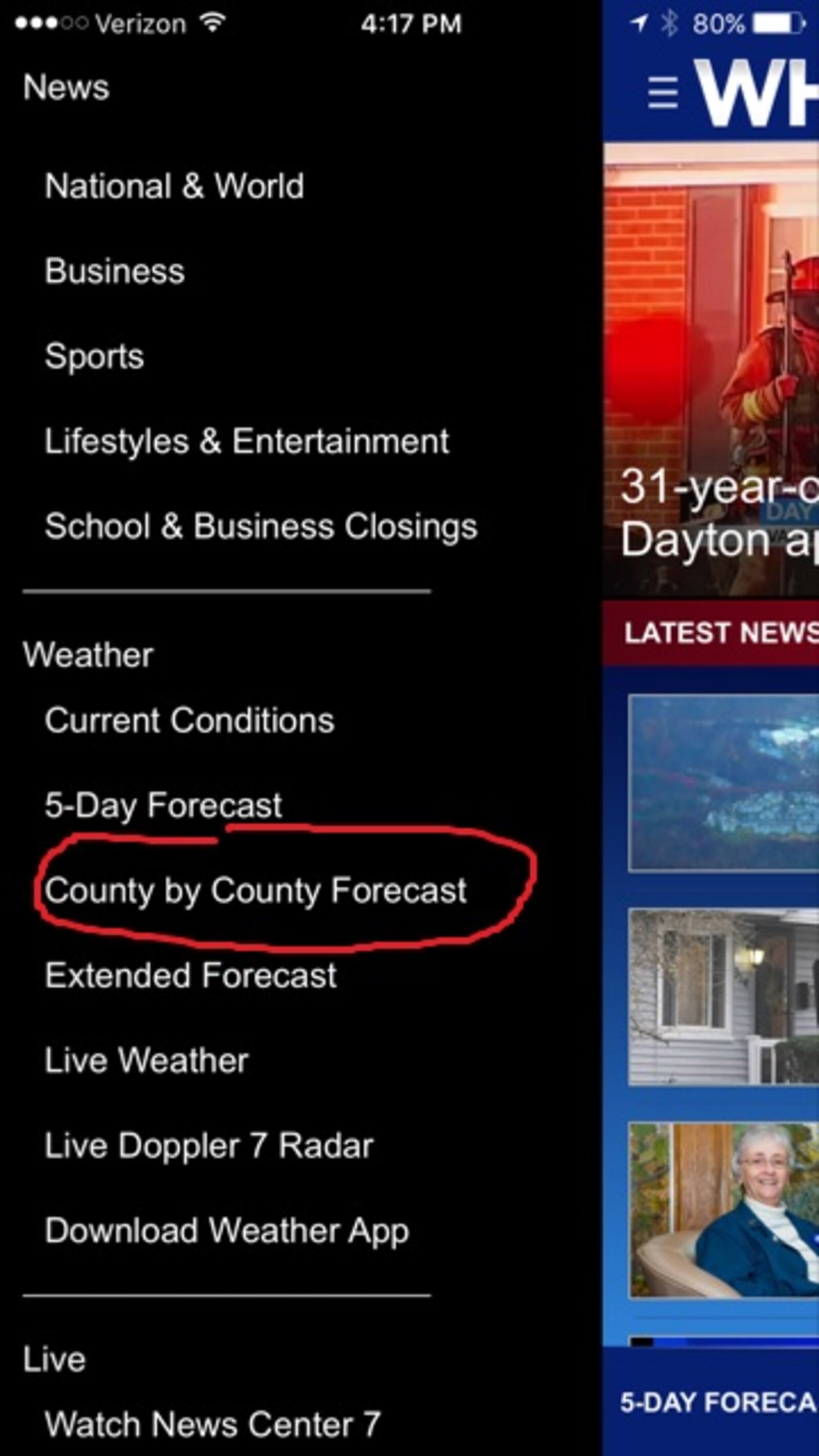 WHIO news app county by county forecast