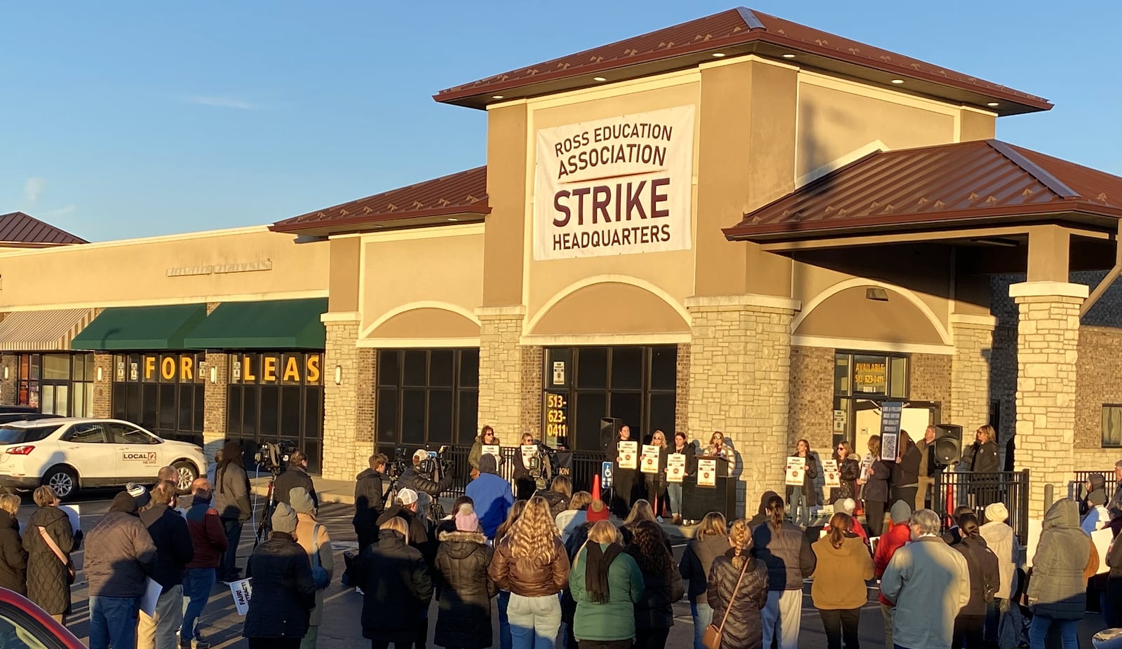 More than a 150 Ross Schools teachers and supporters rallied at the opening of a “strike” headquarters Monday as their union continued to push a possible work stoppage should contract talks not turn in their favor. (Photo By Michael D. Clark/Journal-News)