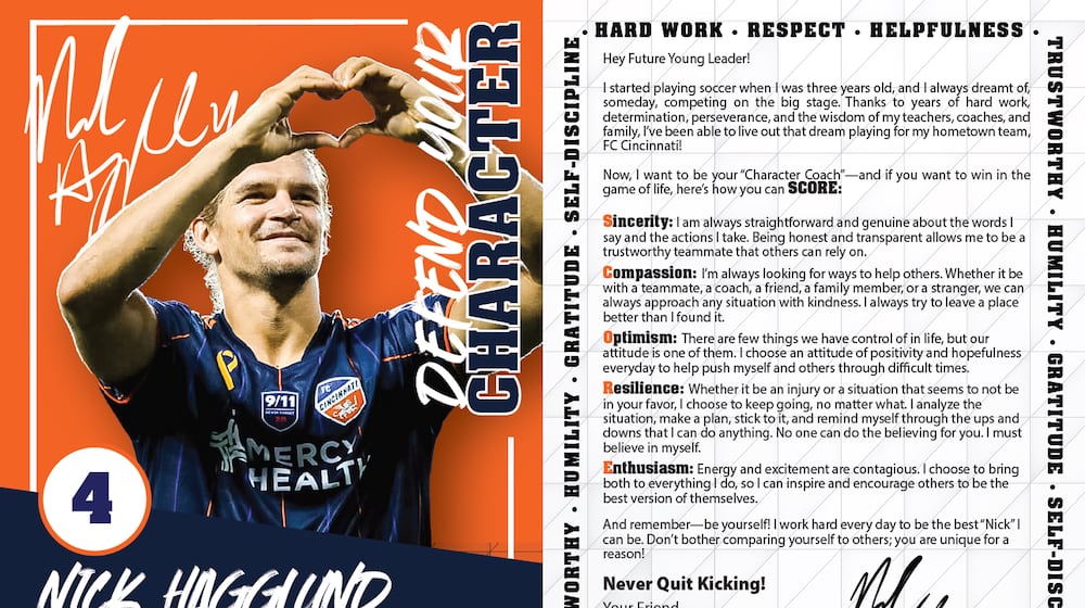 FC Cincinnati player Nick Hagglund is the latest athlete to be honored on a character card by The Joe Nuxhall Foundation. CONTRIBUTED