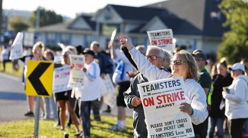 Lakota Local Schools bus drivers union members strike Sept. 1, 2023 after negotiations with Petermann Transportation stalled. NICK GRAHAM/STAFF