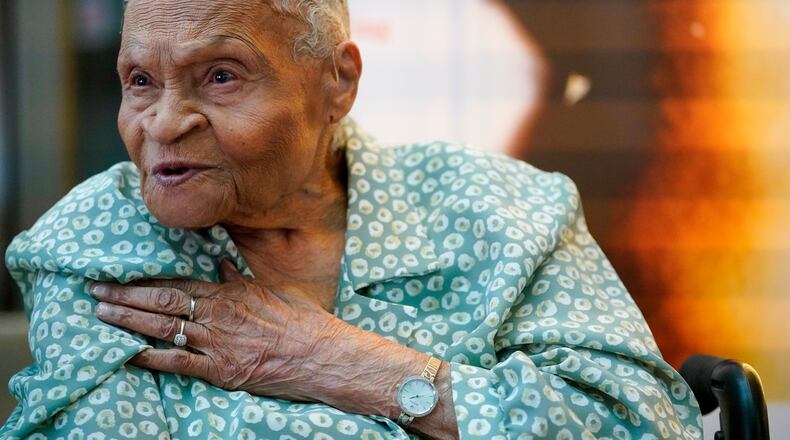 FILE - Tulsa Race Massacre survivor Viola Ford Fletcher gestures while speaking during an interview with The Associated Press, June 16, 2023, in New York. (AP Photo/Mary Altaffer, File)