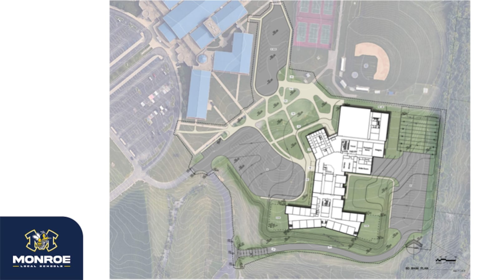 Residents in Monroe Schools got an updated report on a $62 million new high school construction project Wednesday evening and also learned the current 2-12 grade campus will get a second traffic access road as part of addition. By this summer construction ground crews will begin clearing and digging in the southeast corner of the current Monroe Yankee Road campus where athletic practice fields now stand. (Provided rendering)