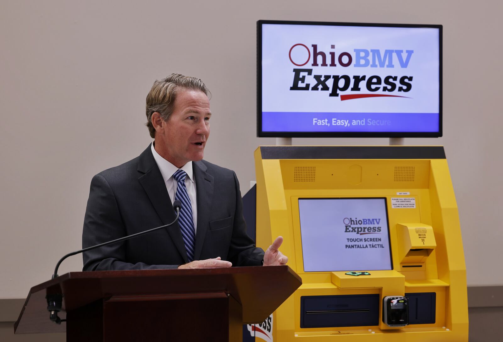 Ohio Lt. Governor Jon Husted, Director of InnovateOhio, announce the new BMV self-service kiosks located throughout the state during a press conference Wednesday, Oct. 13, 2021 at Meijer in Fairfield. There are nine kiosks throughout the state where Ohio Bureau of Motor Vehicles customers can renew registration stickers and more. NICK GRAHAM / STAFF