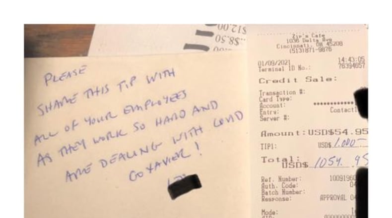 Cincinnati and Xavier fans and alumni have left numerous large tips to restaurant employees struggling during the coronavirus pandemic. The first large tip, $1,000, was left Jan. 9 at Zip’s Cafe. The man wrote on his napkin: “Please share this tip with all of your employees as they work so hard and are dealing with COVID. Go Xavier!” PHOTO FROM ZIP'S CAFE FACEBOOK PAGE