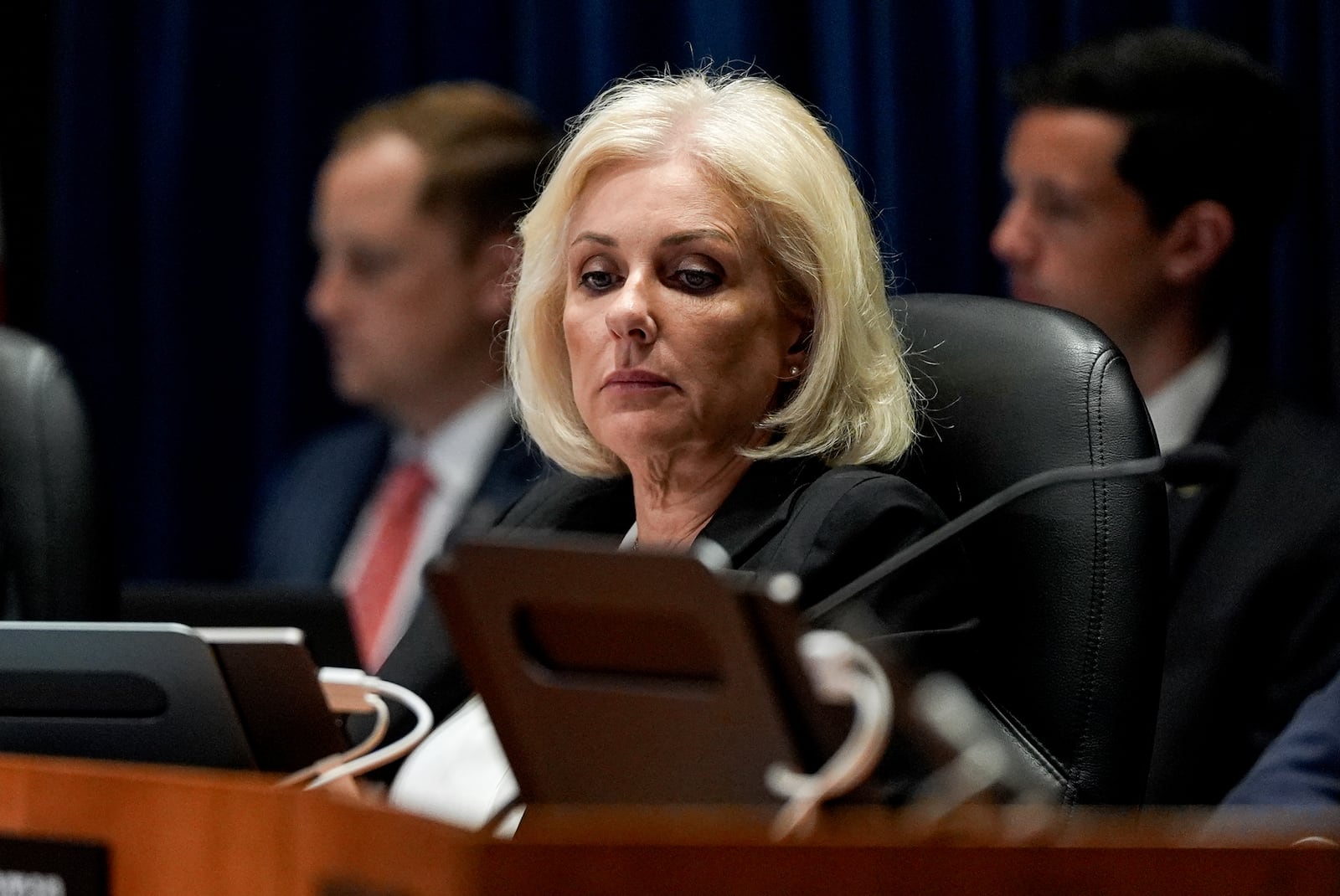 National Transportation Safety Board chairman Jennifer Homendy listens during a meeting about Alaska Airlines Flight 1282, Tuesday, June 24, 2025. (AP Photo/Julia Demaree Nikhinson)