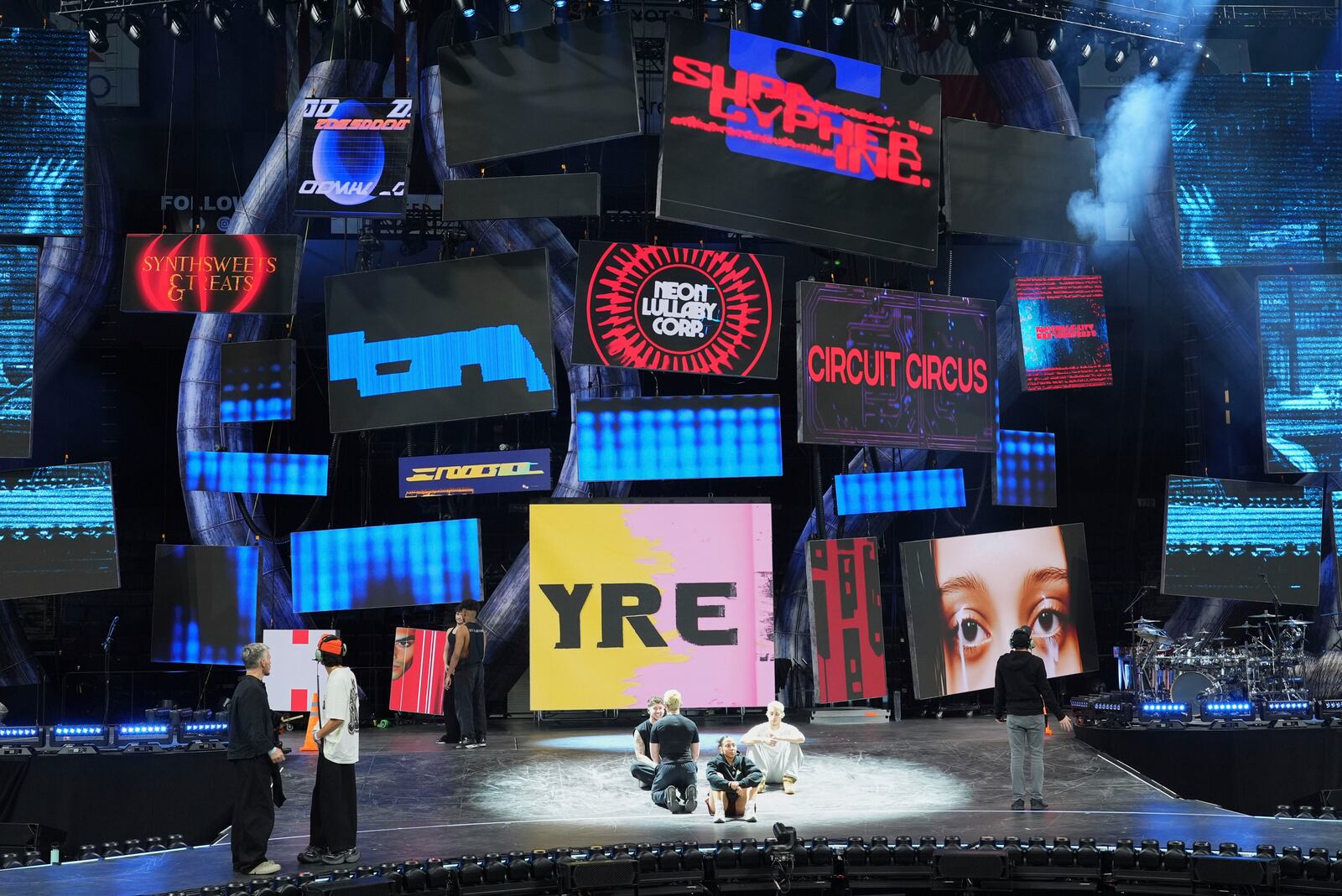 Dancers and choreographers gather onstage for rehearsals for Katy Perry's "The Lifetimes Tour" at the Toyota Arena on Wednesday, April 9, 2025, in Ontario, Calif. (AP Photo/Chris Pizzello)