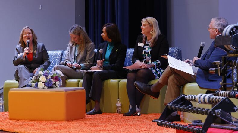 Left to right: Miami University Regionals Senior Associate Dean of Academic Affairs Moira Casey, Lakota Superintendent Ashley Whitely, President of Cincinnati State Monica Posey and Butler Tech Assistant Superintendent Marni Durham answer questions about the state of education asked by Rick Shively during the West Chester-Liberty Chamber Alliance luncheon at Butler Tech School of the Arts Tuesday, April 7, 2025 in Fairfield Township. NICK GRAHAM/STAFF