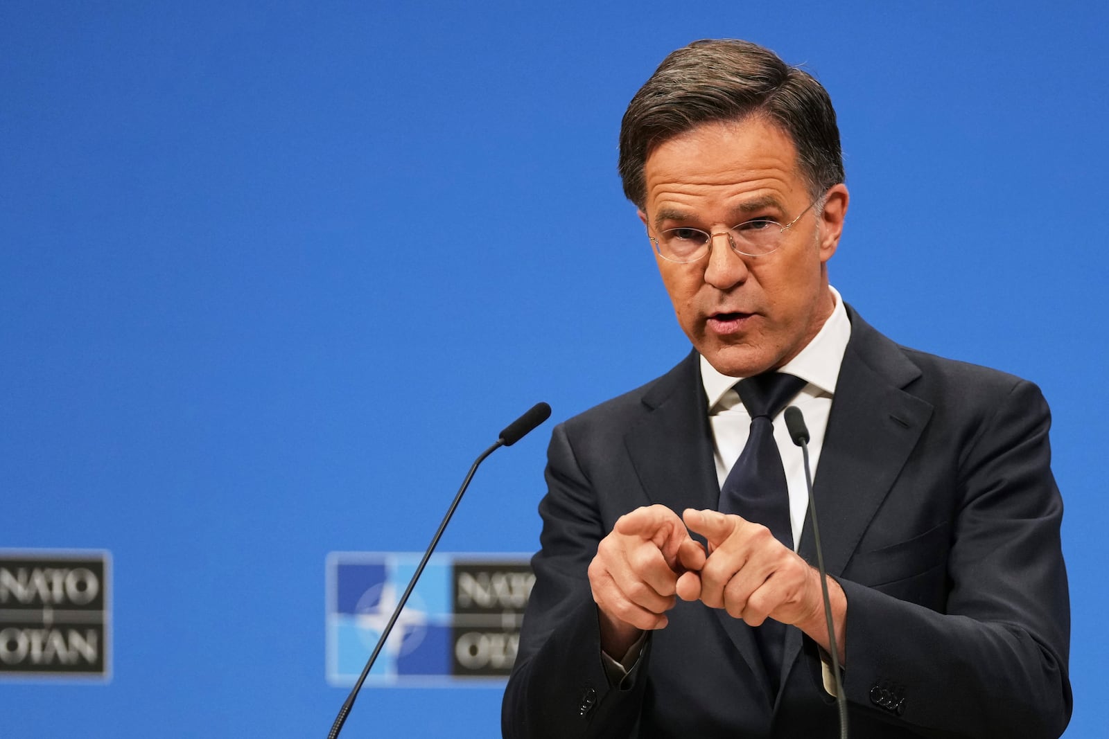 FILE - NATO Secretary General Mark Rutte speaks during a media conference prior to a meeting of the Ukraine Defense Contact Group at the NATO headquarters in Brussels, Wednesday, June 4, 2025. (AP Photo/Virginia Mayo, File)