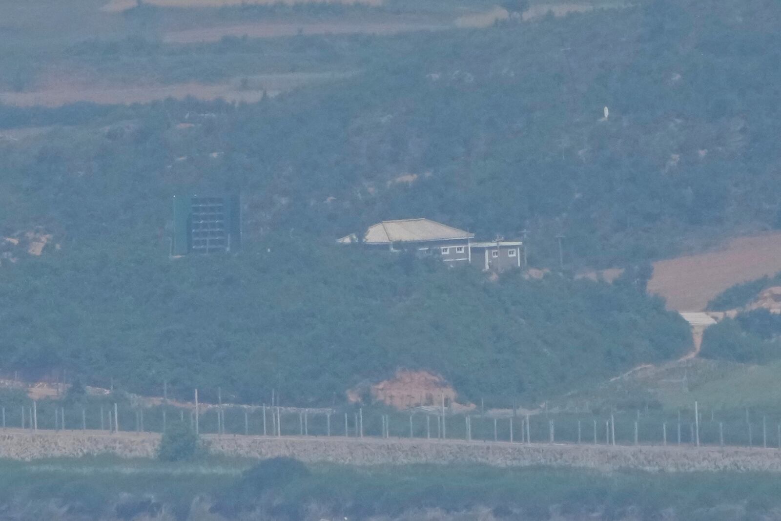 A North Korean loudspeaker is seen from the unification observatory in Paju, South Korea, near the border with North Korea, Thursday, June 12, 2025. (AP Photo/Ahn Young-joon)