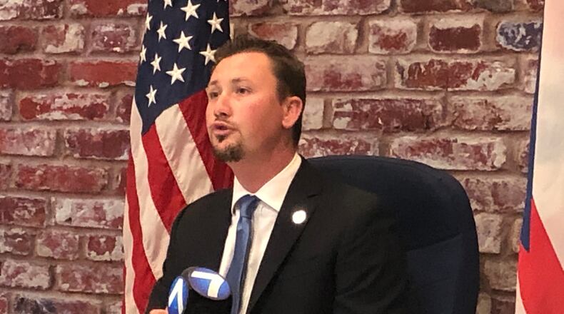 State Rep. Thomas Hall, R-Madison Twp., who introduced House Bill 99 in February 2021, addresses the media Thursday afternoon in the Republican headquarters in Middletown. RICK McCRABB/STAFF