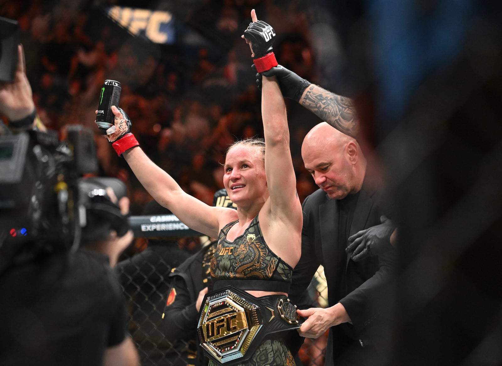 Valentina Shevchenko celebrates her victory over Manon Fiorot following their UFC 315 mixed martial arts flyweight title bout in Montreal, Saturday, May 10, 2025. (Graham Hughes/The Canadian Press via AP)