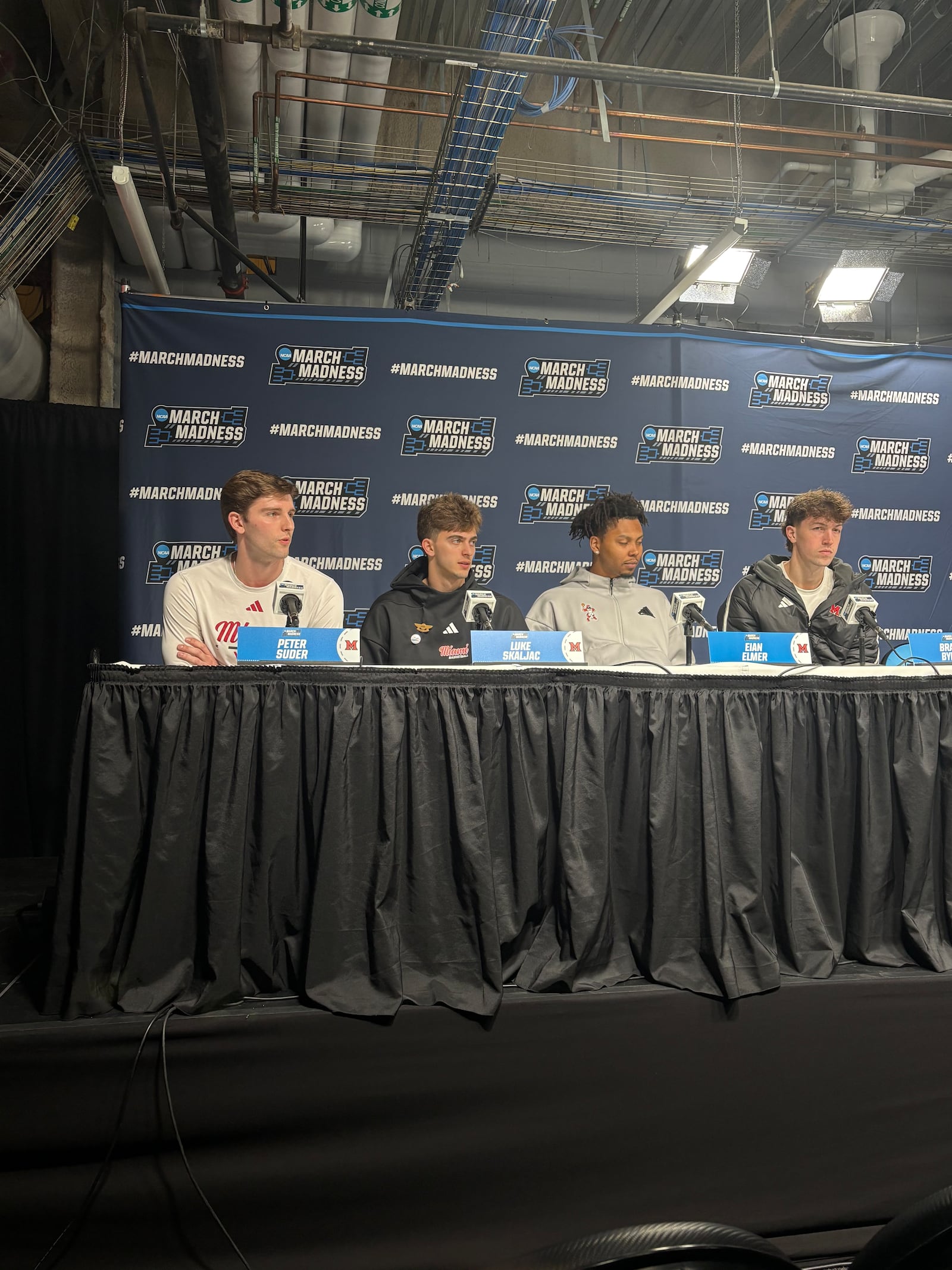Miami University's Peter Suder, Luke Skaljac, Eian Elmer and Brant Byers speak to the media during a press conference on Thursday, March 19, 2026 in Philadelphia. JON MARKS / CONTRIBUTED PHOTO