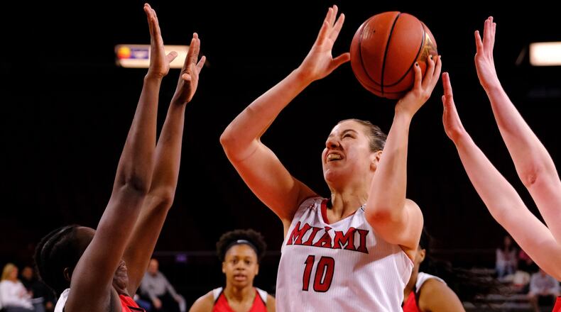 Miami University’s Kristen Levering (10) eyes the basket during Thursday night’s 67-63 WNIT loss to visiting Western Kentucky at Millett Hall in Oxford. SCOTT KISSELL/MIAMI UNIVERSITY