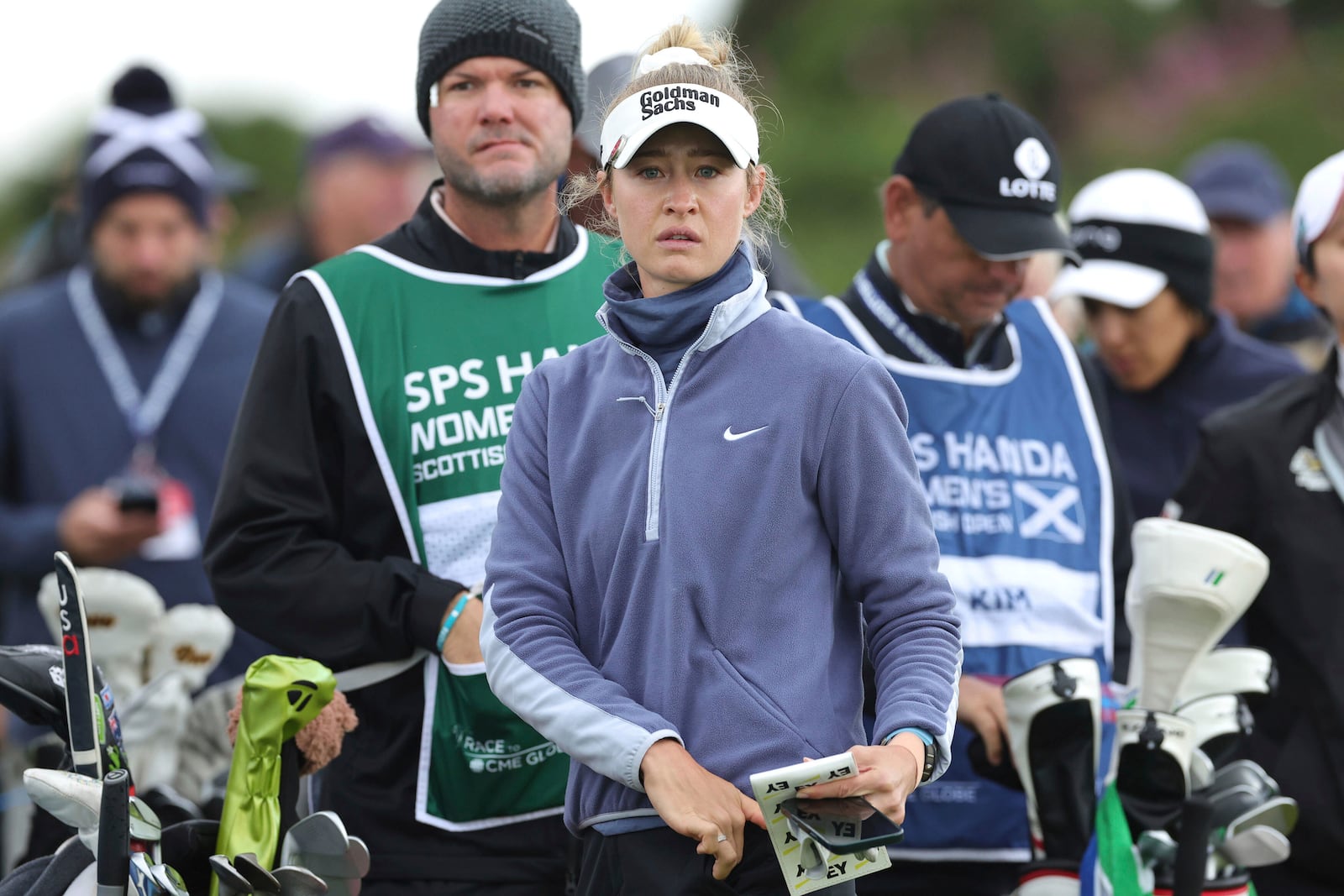 USA's Nelly Korda on the 1st tee during the Women's Scottish Open at the Dundonald Links, Irvine, Scotland, Sunday July 27, 2025. (Steve Welsh/PA via AP)