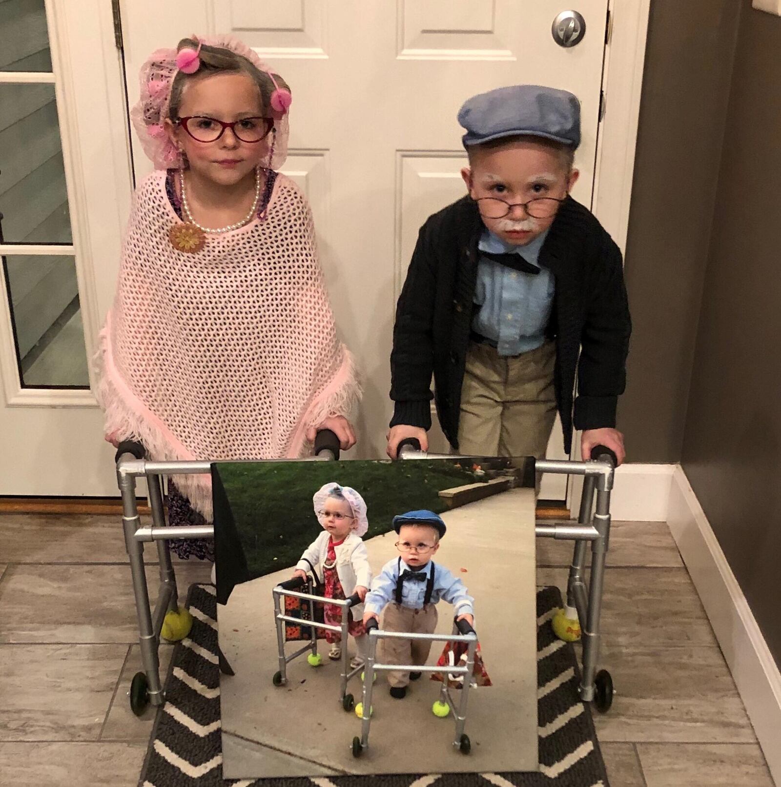A photo of then 2-year-old Liam and Adelynn Stump  dressed as old people for Halloween 2014 was seen by millions after it was posted on Dayton Daily News’ Facebook page in 2014. Now 6, the Bellbook twins recreated the look for the 100 day of school.