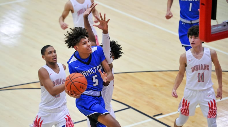 Hamilton’s Kristian Walton goes up for a shot during their basketball game against Fairfield Friday, Dec. 21, 2018, at Fairfield High School. Walton scored 16 points for Hamilton in its Division I sectional win over Fairfield. NICK GRAHAM/STAFF