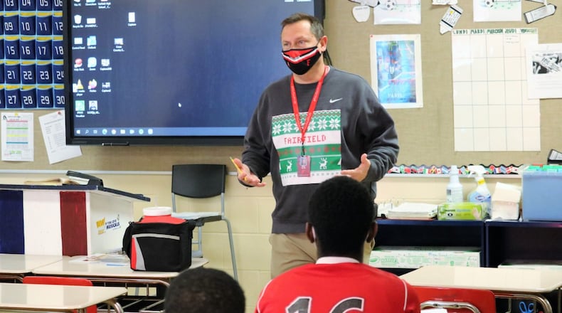 The severe shortage of substitute teachers and other staffers have left area schools scrambling for help and some local superintendents have answered the call. Fairfield Schools Superintendent Billy Smith recent taught an 8th grade class. (Provided Photo\Journal-News)