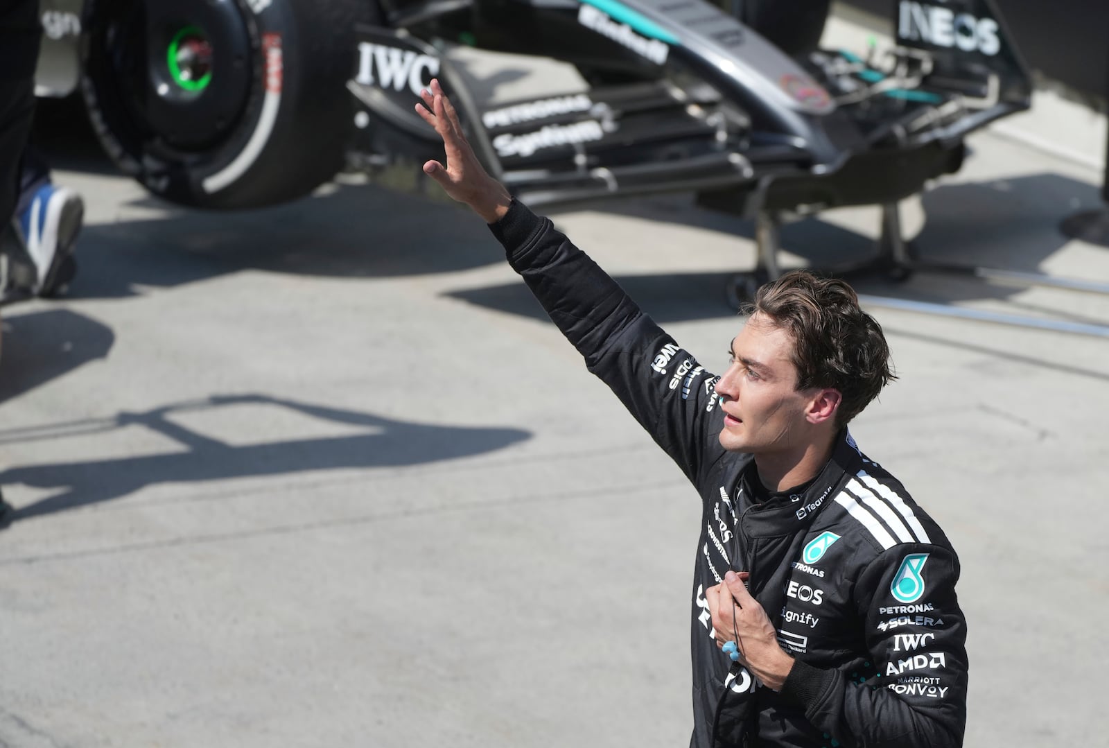 Mercedes driver George Russell, of the United Kingdom, celebrates after winning the F1 Canadian Grand Prix auto race in Montreal, Sunday, June 15, 2025. (Christinne Muschi/The Canadian Press via AP)