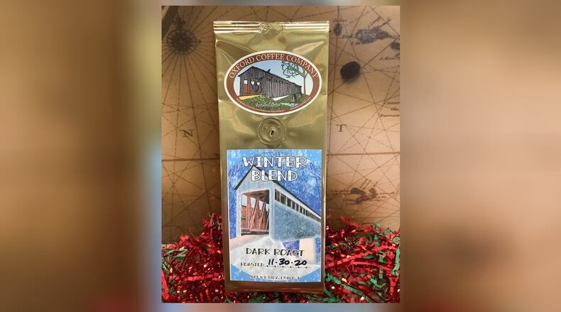 Pictured is the Winter Blend from Oxford Coffee Company. The product features a photo of Oxford’s Black Covered Bridge. CONTRIBUTED