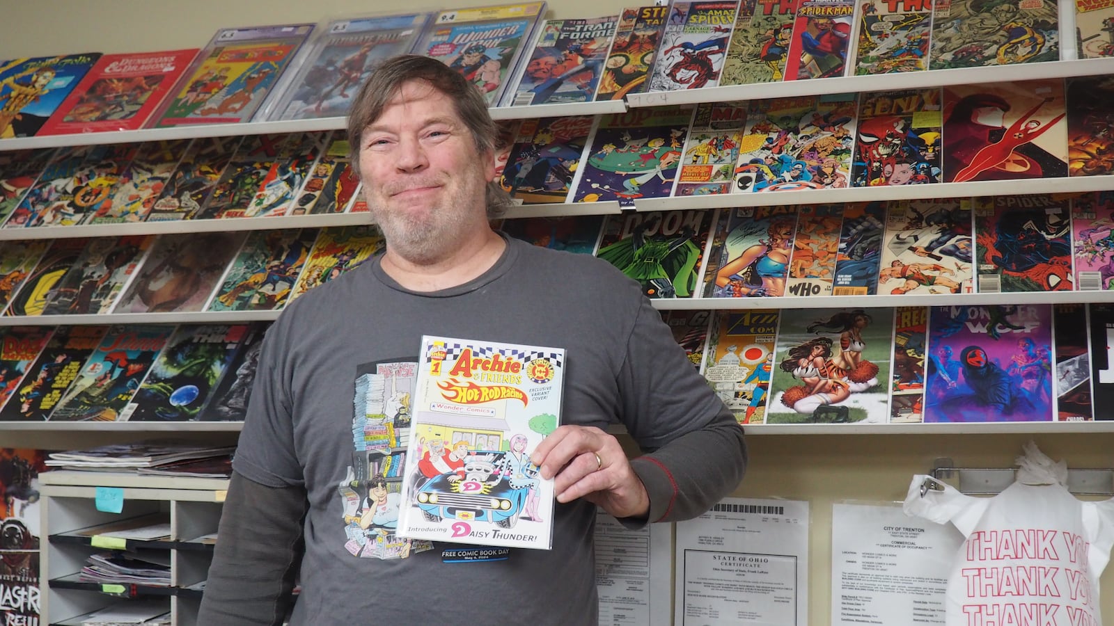 Jeff Hensley owns Wonder Comics & More at 100 N. Miami St. in Trenton, which offers comic books, Funko Pops and more. BRYN DIPPOLD/STAFF
