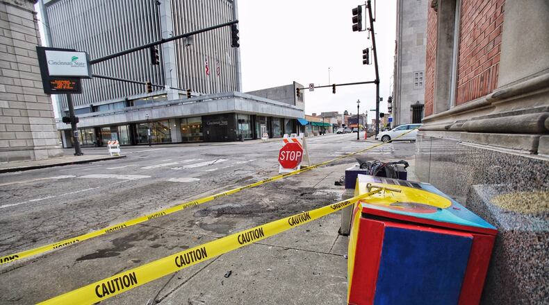 The traffic lights at Main Street and Central Avenue in downtown Middletown remain out of operation on Thursday, Feb. 20, 2020, after an outage began overnight, and the intersection is a four-way stop until they are repaired. NICK GRAHAM / STAFF