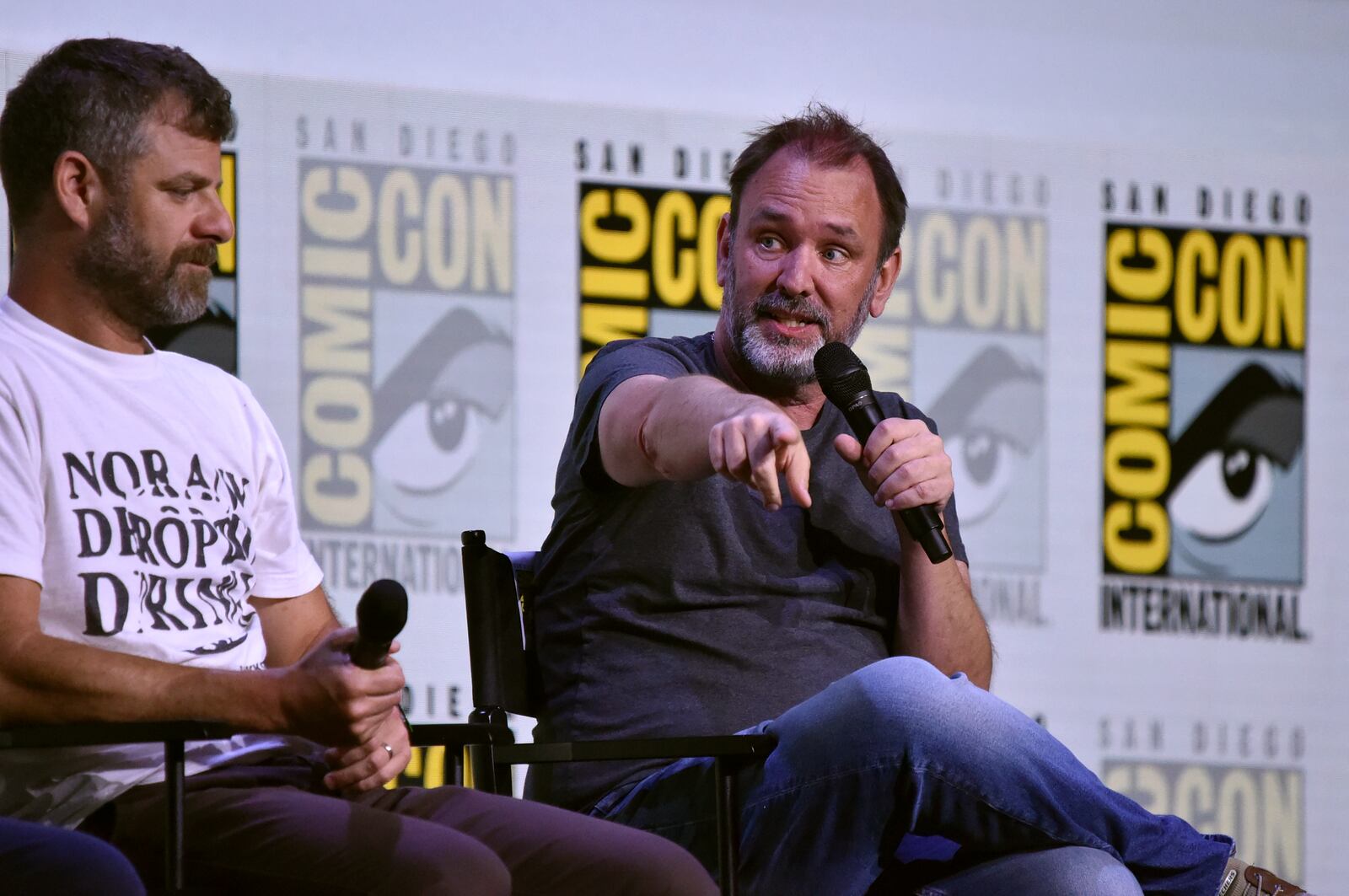 Matt Stone, left, and Trey Parker attend the Comedy Central Adult Animation: "South Park," "Beavis & Butt-Head," and "Digman!" panel during Comic-Con International on Thursday, July 24, 2025, in San Diego. (Photo by Richard Shotwell/Invision/AP)