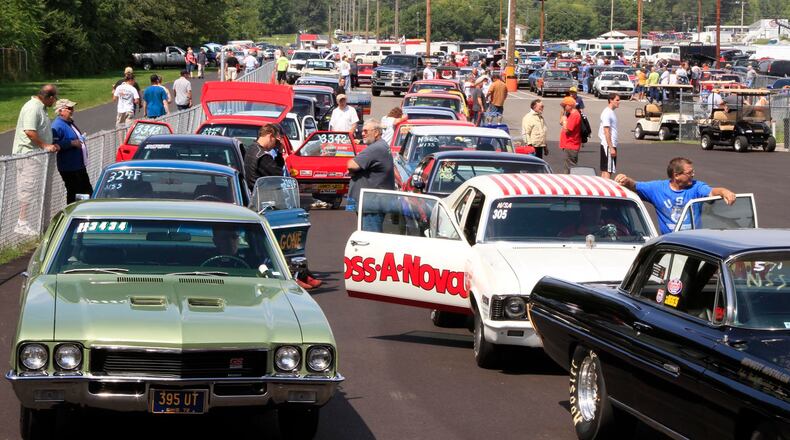 Old-time drag cars wait in the staging lane for their pass at a past Gathering of the Geezers at Kil-Kare Raceway and Drag Strip. File photo by Skip Peterson