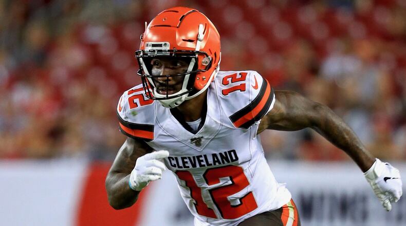 TAMPA, FLORIDA - AUGUST 23: Braxton Miller #12 of the Cleveland Browns runs a route during a preseason game against the Tampa Bay Buccaneers at Raymond James Stadium on August 23, 2019 in Tampa, Florida. (Photo by Mike Ehrmann/Getty Images)