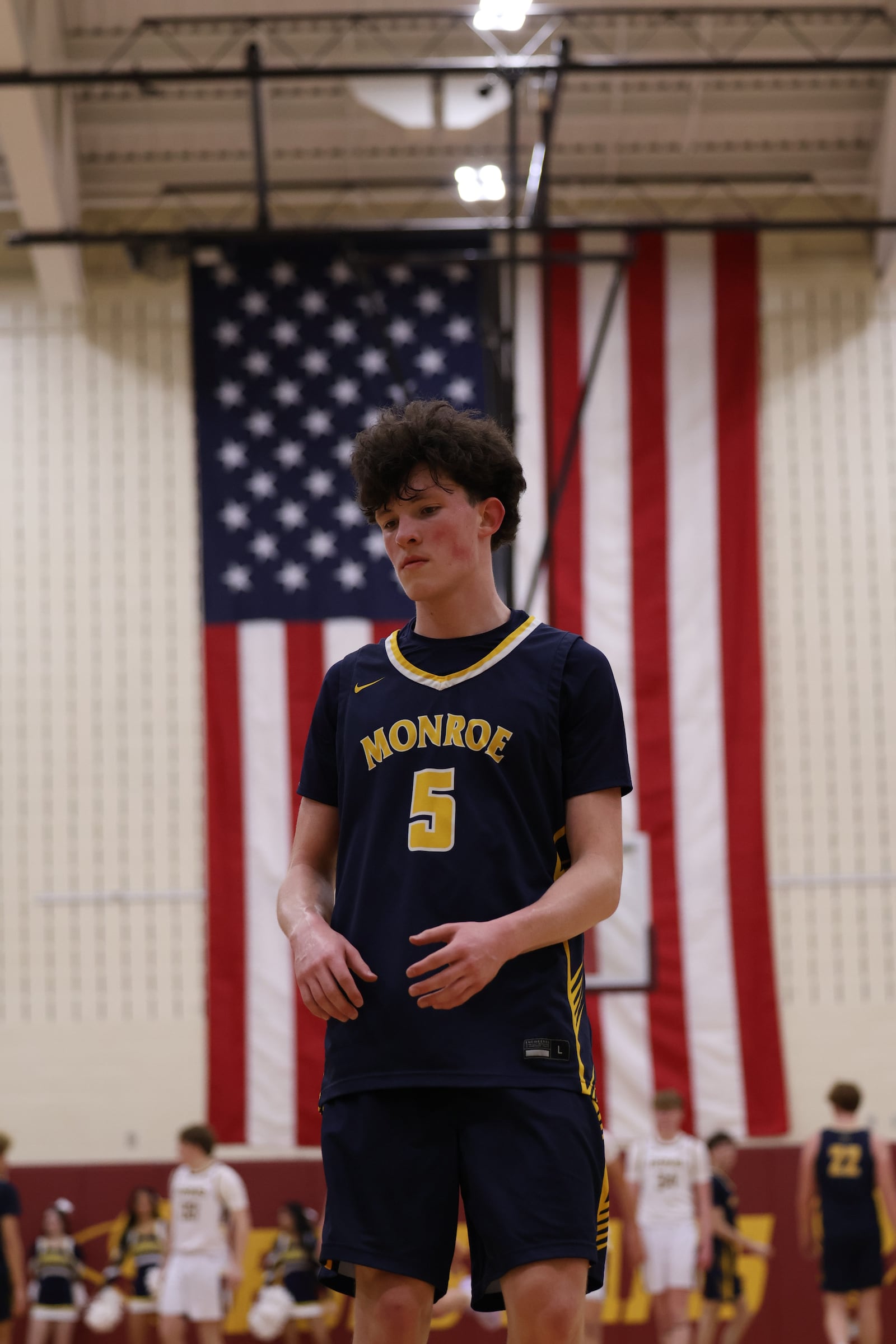 Monroe’s Colt Howard (5) looks for an inbounds pass during his game against Ross on Friday night at Ross High School. ELIJAH COOK / CONTRIBUTED