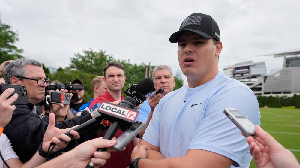 FILE - Cincinnati Bengals defensive end Trey Hendrickson speaks to media during NFL football practice on May 13, 2025, in Cincinnati. (AP Photo/Carolyn Kaster, file)